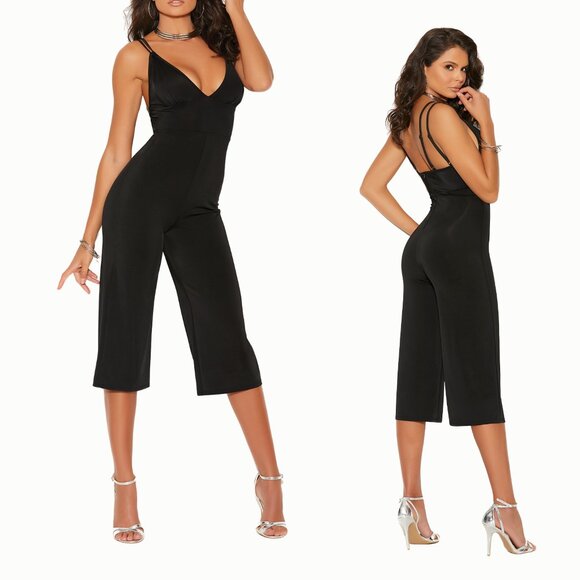 Elegant Moments Pants - Black Deep V Lycra Jumpsuit Wide Leg Romper